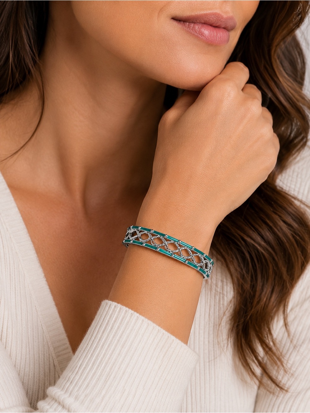 Teal Enamel Stretch Bracelet Silver Tone NIB Statement Cuff